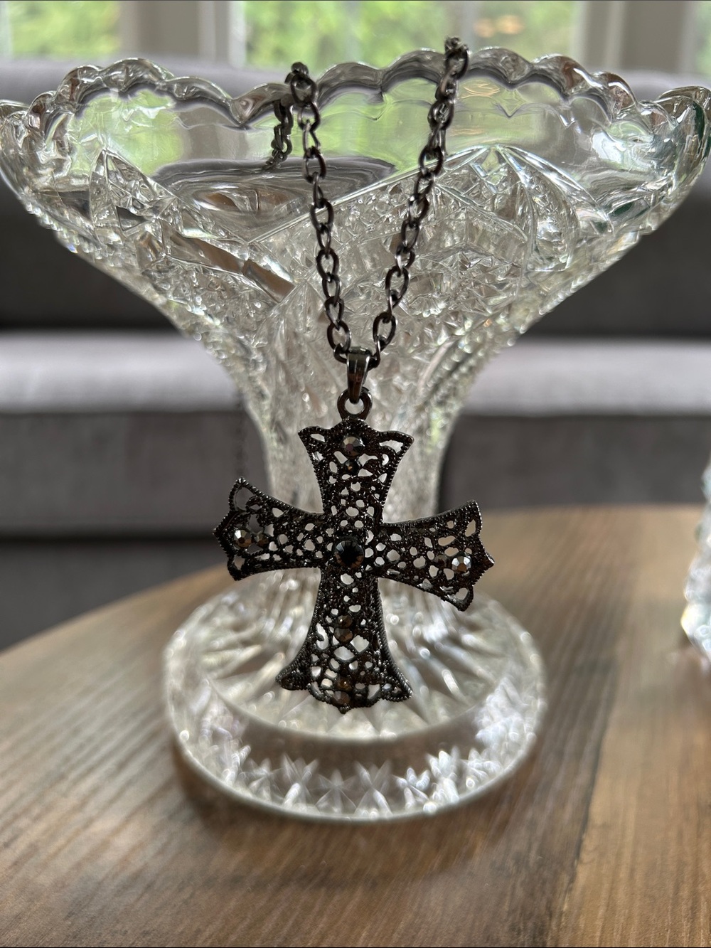 Filigree Cross Pendant Necklace - Black with Black Rhinestones 30” chain